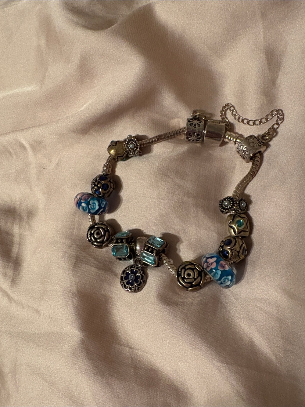 Blue Floral Glass Bead Charm Bracelet with Silver Accents